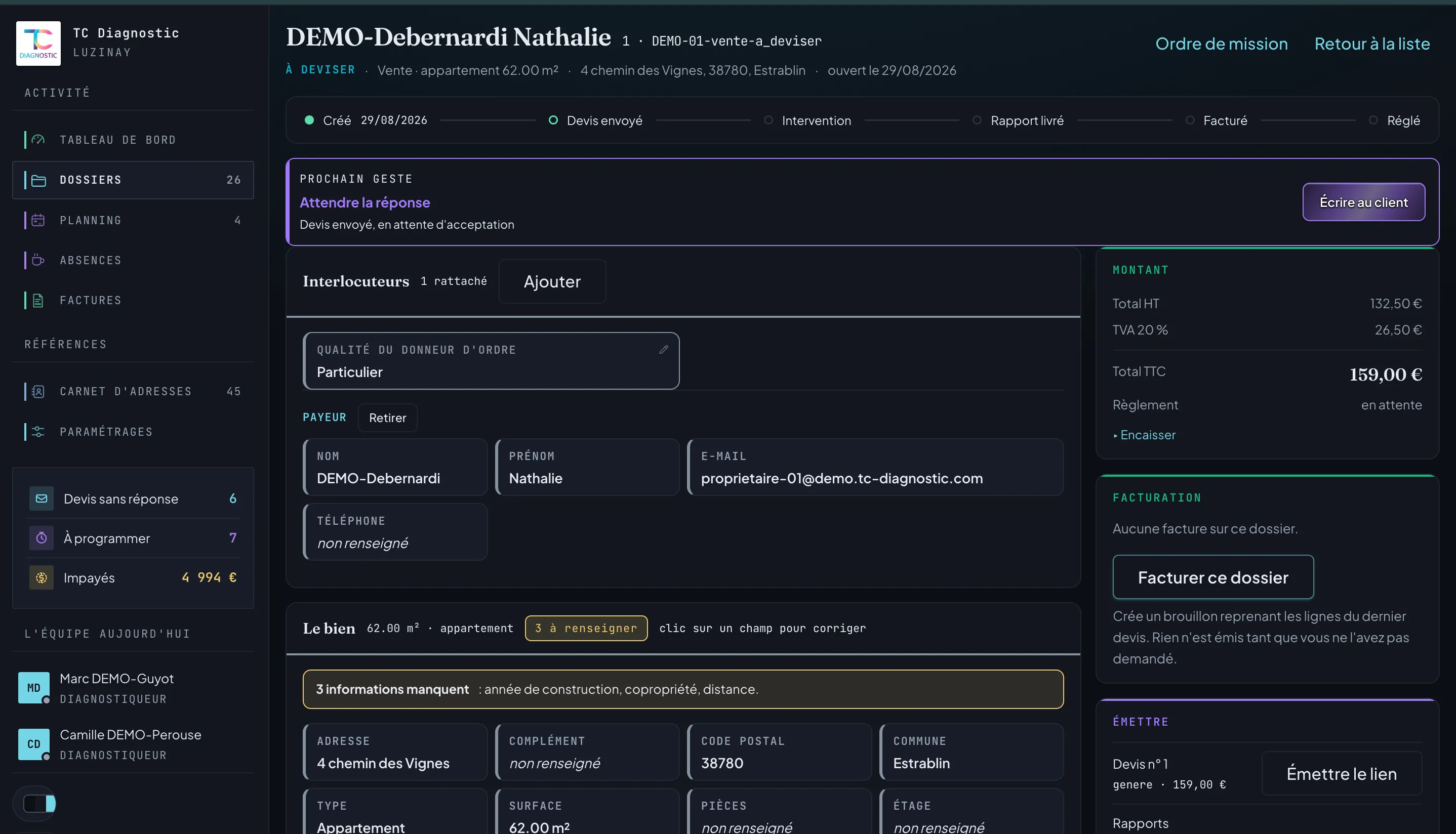La fiche d'un dossier dans Orbit Diagnostic Immo, avec des données de démonstration.