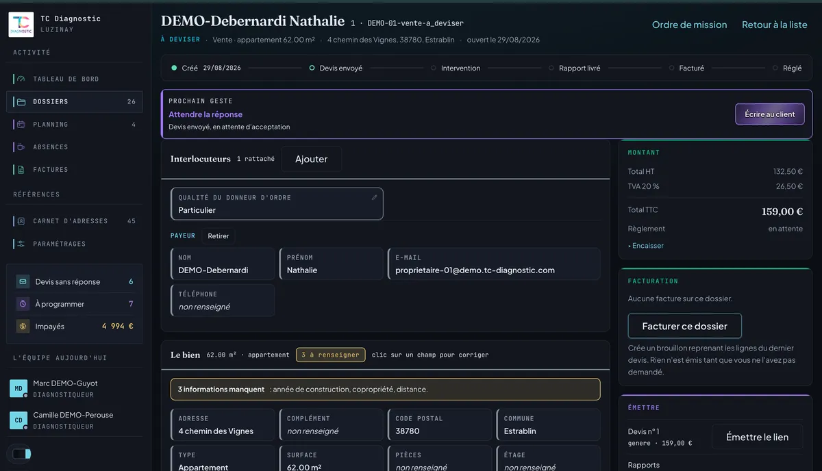 Orbit Diagnostic Immo — Fiche dossier, environnement de démonstration