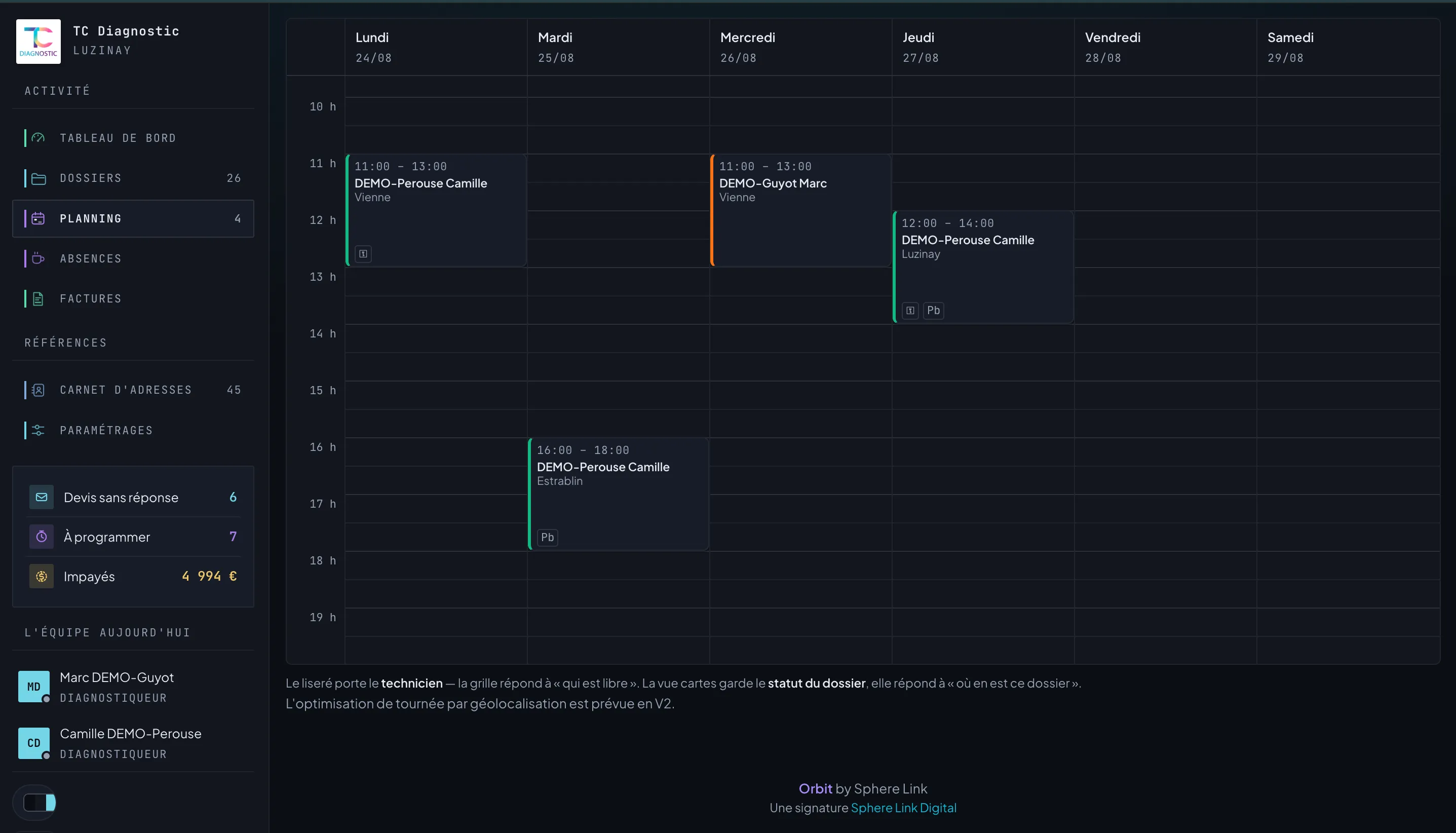 Le planning de la semaine dans Orbit Diagnostic Immo, avec des données de démonstration.